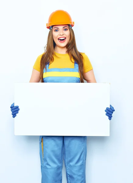 Vrouw bouwer met teken boord — Stockfoto