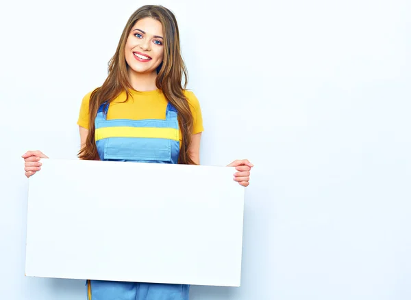Woman holds sign board — Stock Photo, Image