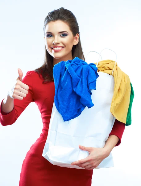 Mujer con bolsa muestra el pulgar hacia arriba — Foto de Stock