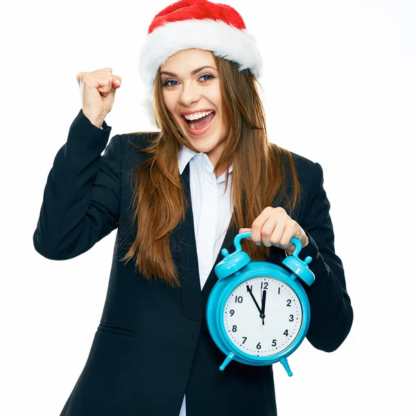 Shocked businesswoman holds watch — Stock Photo, Image
