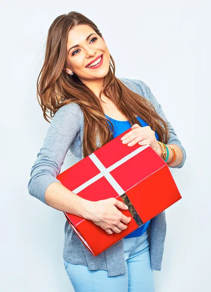 Woman holds big gift box — Stock Photo, Image