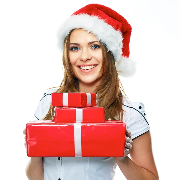 Santa Girl holding red gift boxes — Stock Photo, Image