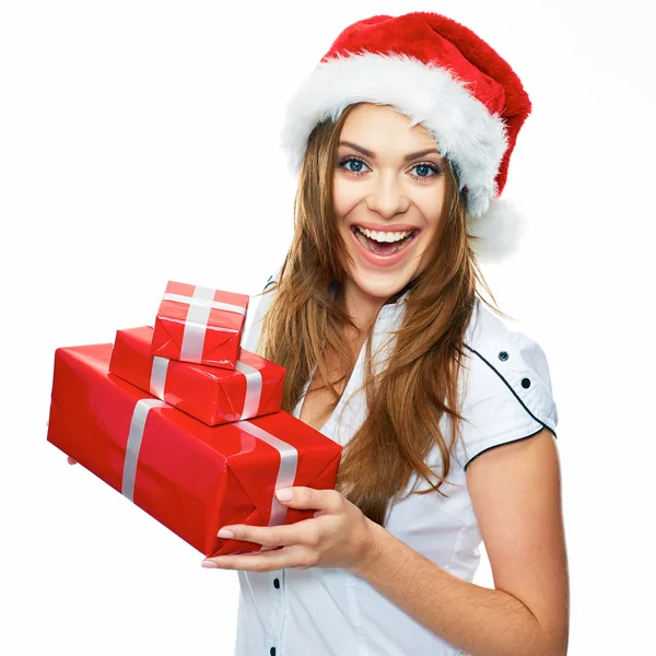Santa Girl holding red gift boxes — Stock Photo, Image