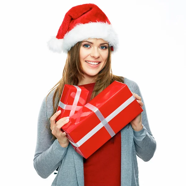 Santa flicka håller röda presentförpackning — Stockfoto