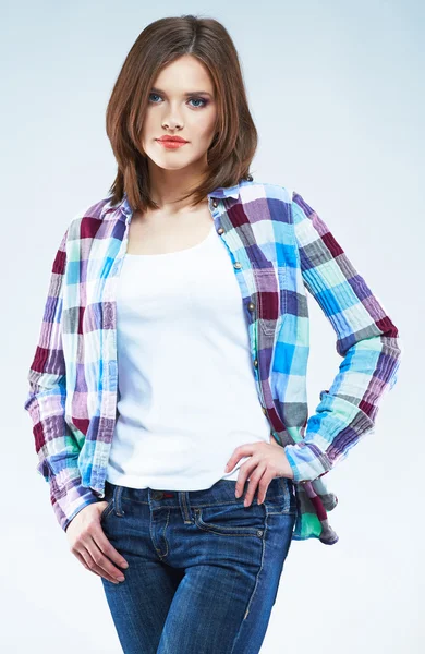 Woman posing in checkered shirt — Stock Photo, Image