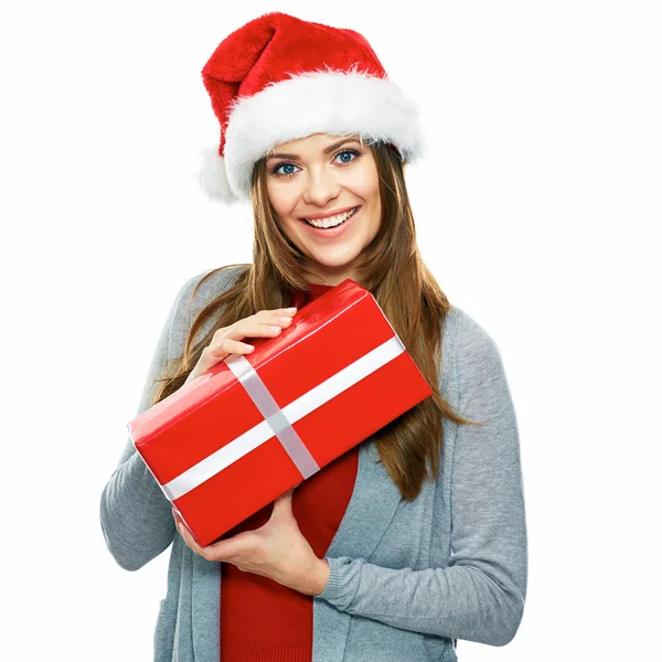 Santa Girl segurando caixa de presente vermelho — Fotografia de Stock