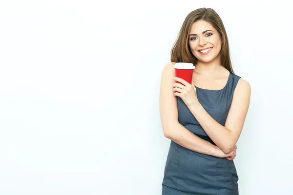 Businesswoman holding red cup — Stock Photo, Image