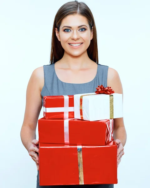 Businesswoman holds gifts — Stock Photo, Image