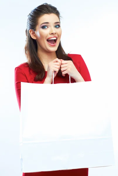 Mulher segurando saco de compras branco — Fotografia de Stock
