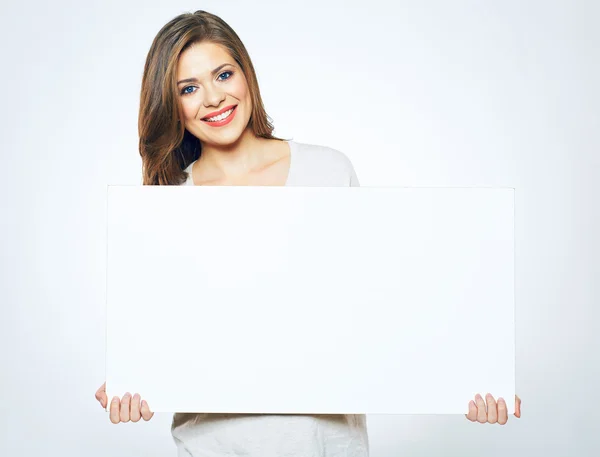 Woman holding blank signboard — Stock Photo, Image
