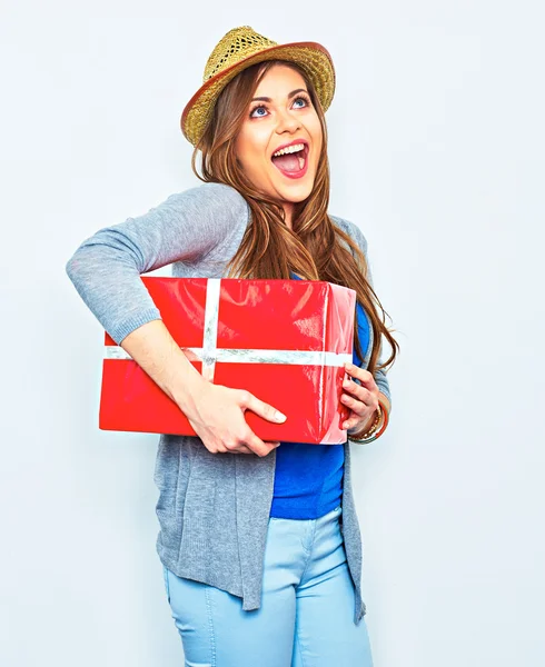 Woman holds big gift box — Stock Photo, Image