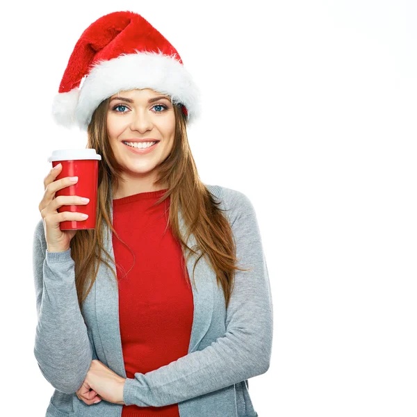 커피 컵 산타 모자에 있는 여자 — 스톡 사진