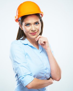 kadın portakal kask ile