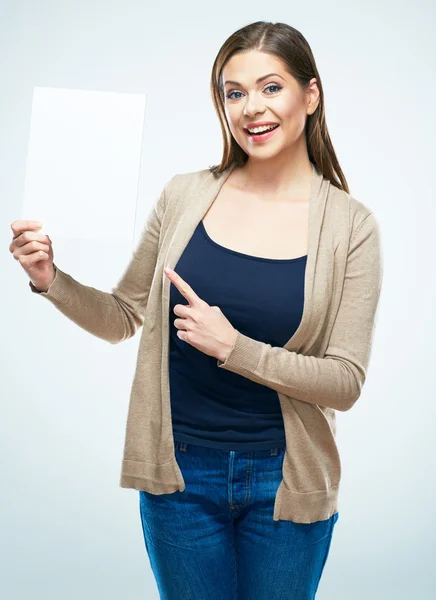 Woman holding up sign board — Stock Photo, Image