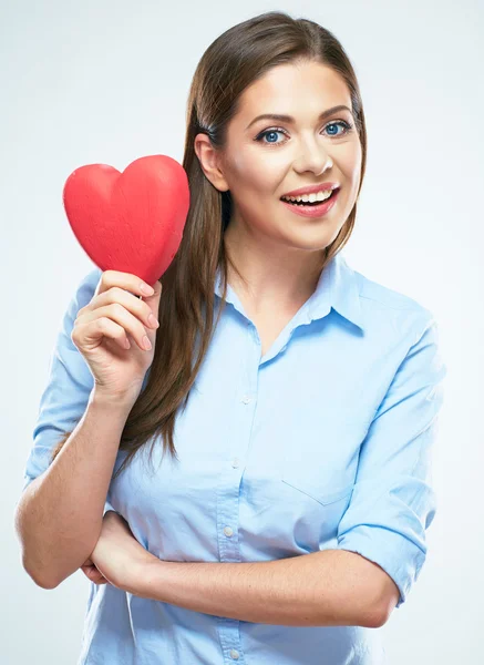 Woman holds red heart — Stock Photo, Image