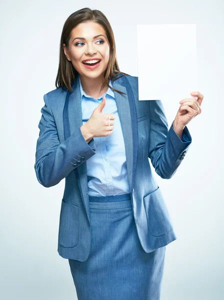 Businesswoman holds blank paper — Stock Photo, Image