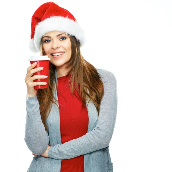 女人在圣诞老人的帽子与咖啡杯 — 图库照片