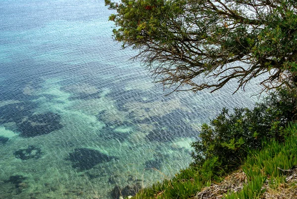 Vista Belo Fundo Costeiro Através Água Limpa Cape Sani Península — Fotografia de Stock