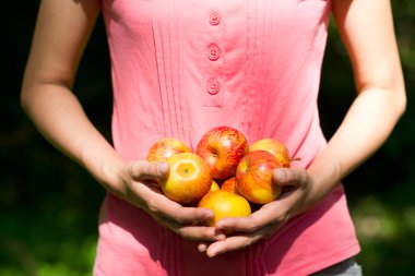 Elma her iki elinde tutan kadın