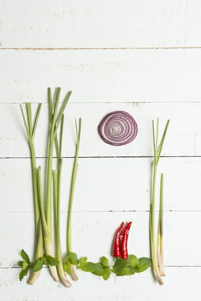 Abstraktes Essen Kunst-Zitronengras, Chili, Minze und Zwiebelmalerei auf — Stockfoto