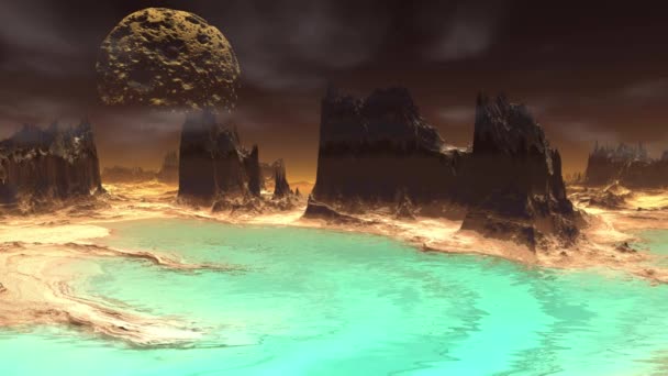 Planète extraterrestre fantastique. Rochers et lac. 4K 