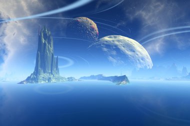 Fantezi uzaylı gezegenine. Kayalar ve göl 