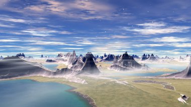 Fantezi uzaylı gezegenine. Kayalar ve göl 