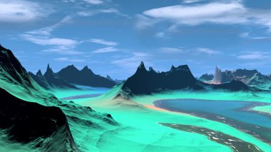 Fantezi uzaylı gezegenine. Kayalar ve göl 