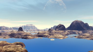 Fantezi uzaylı gezegenine. Kayalar ve göl 