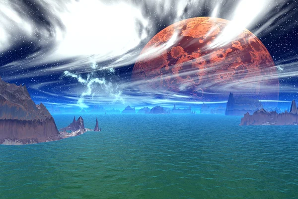 ファンタジー エイリアンの惑星。岩と湖 — ストック写真