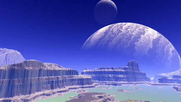 Fantasy alien planet. Rocks and lake — Stock Photo, Image