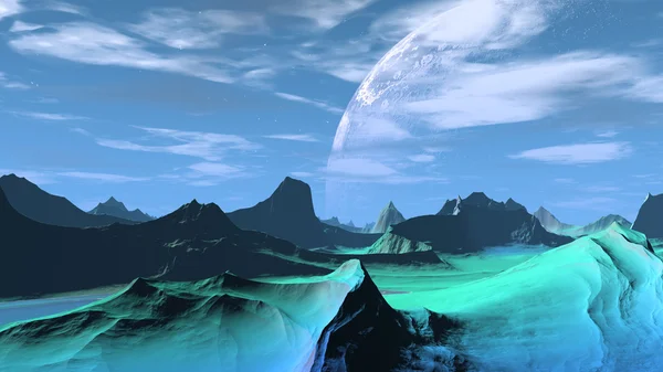 Εξωγήινο πλανήτη φαντασίας. Βράχια και λίμνη — Φωτογραφία Αρχείου