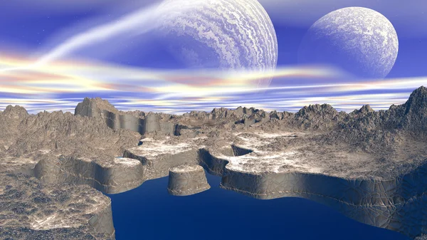 Fantasy alien planet. Rocks and lake — Stock Photo, Image