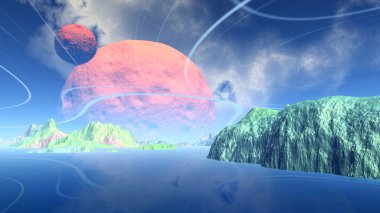 Fantezi uzaylı gezegenine. Kayalar ve göl 