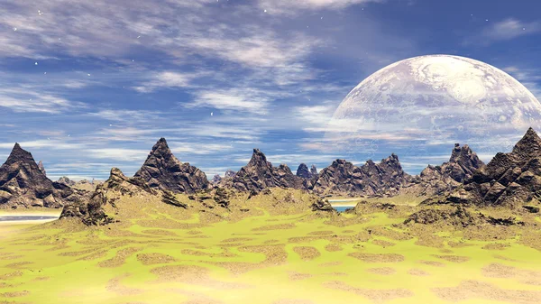 Fantasie außerirdischer Planet. Felsen und See — Stockfoto