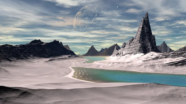 Fantasie außerirdischer Planet. Felsen und See — Stockfoto