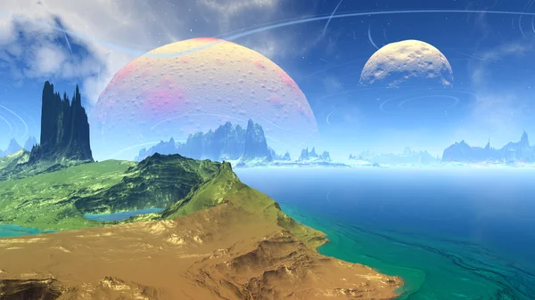 Fantasy alien planet. Rocks and lake — Stock Photo, Image