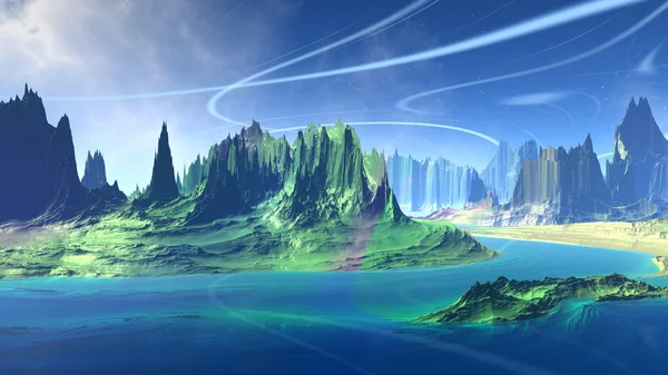 Фантазія інопланетної планети. Скелі та озеро — стокове фото