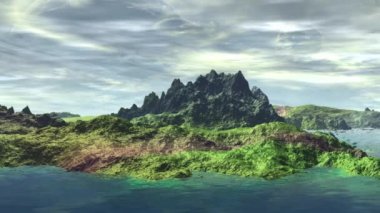 Fantezi uzaylı gezegenine. Kayalar ve göl. 3D animasyon