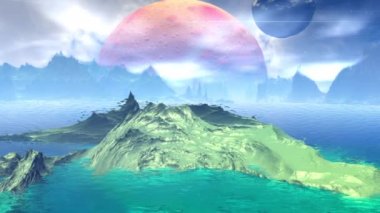 Fantezi uzaylı gezegenine. Kayalar ve göl. 3D animasyon