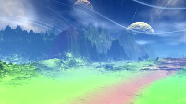 Planète extraterrestre fantastique. Rochers et lac. Animation 3D 