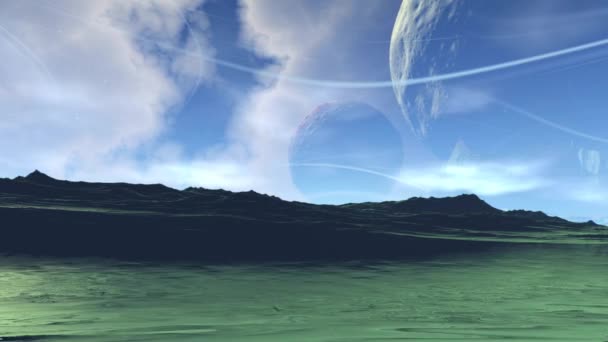 Fantasie außerirdischer Planet. Felsen und See. 3D-Animation — Stockvideo