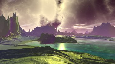 Fantezi uzaylı gezegenine. Kayalar ve göl. 3D çizim