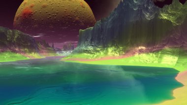 Fantezi uzaylı gezegenine. Kayalar ve göl. 3D çizim