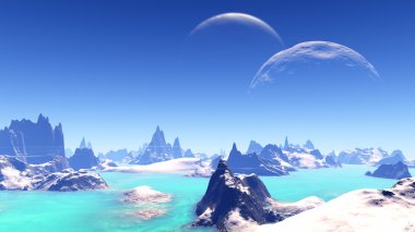 Fantezi uzaylı gezegenine. Kayalar ve göl. 3D çizim