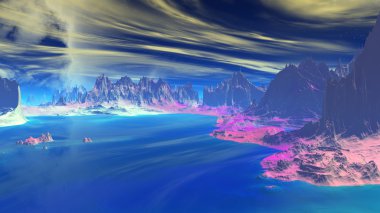 Fantezi uzaylı gezegenine. Kayalar ve göl. 3D çizim