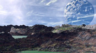 Fantezi uzaylı gezegenine. Kayalar ve göl. 3D çizim