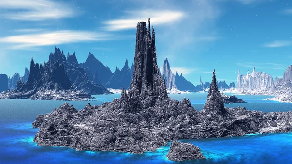 ファンタジー エイリアンの惑星。岩や湖。3 d イラストレーション — ストック写真