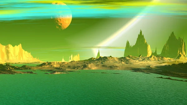 Fantasy idegen bolygón. Sziklák és a tó. 3D-s illusztráció — Stock Fotó