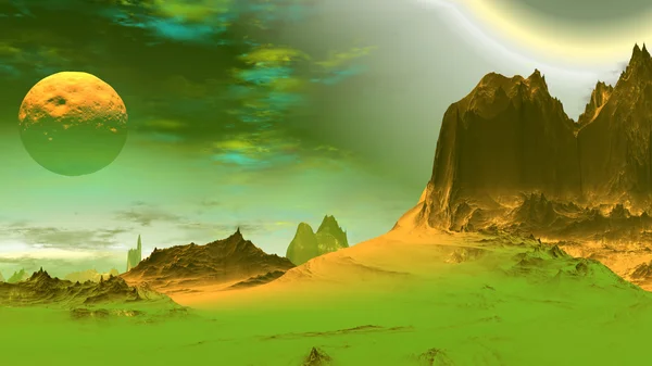 Fantasia planeta alienígena. Pedras e lago. Ilustração 3D — Fotografia de Stock